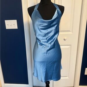 Sexy Blue Satin Halter Mini Dress with Cowl neck and Open Back